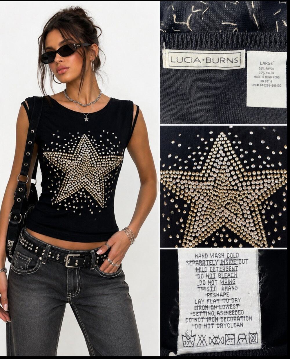 Y2K Indie Sleaze 2000s Lucia Burns Cut Out Tank Top Size L Black Star Rhinestone